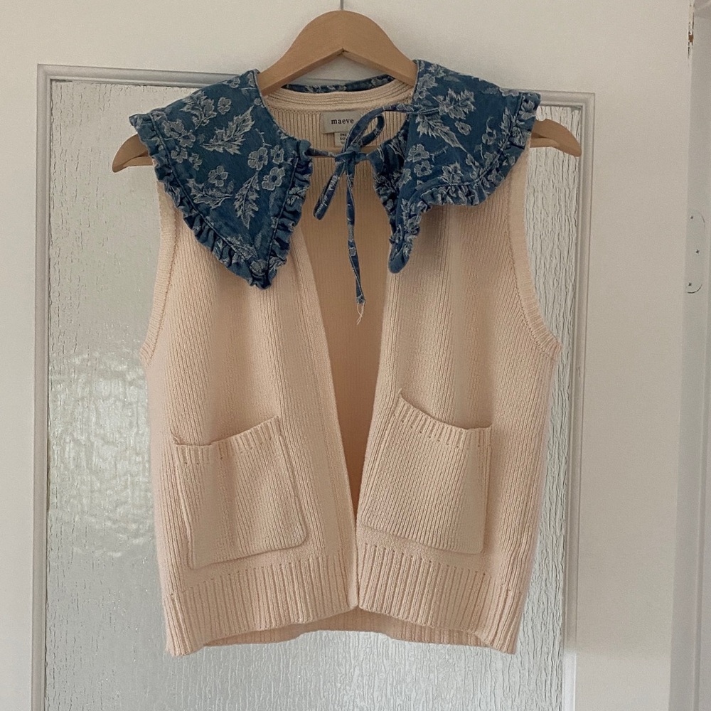 Maeve Cream Knit Vest with Blue Floral Tie Collar